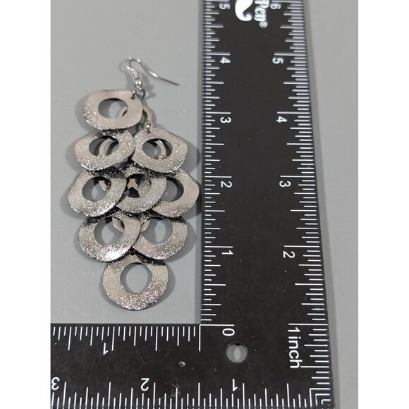 Gunmetal Gray Textured Round Disc Charm Chandelier Long Earrings Pierced MOD - Picture 8 of 8